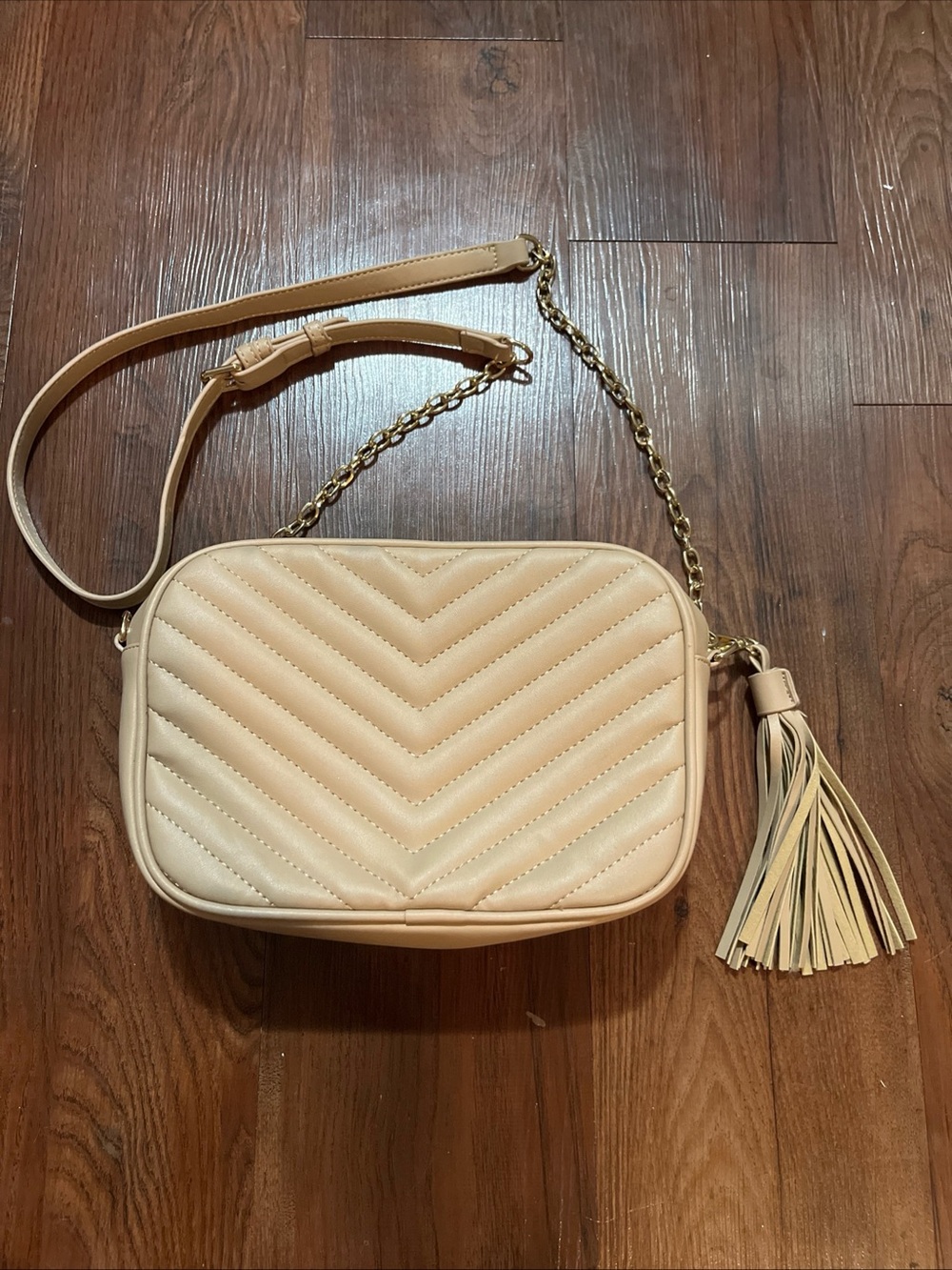 Daisy Rose Neutral Tan Quilted Crossbody Bag with Tassel